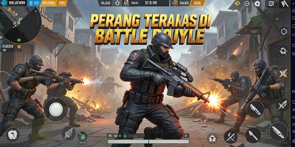 Screenshot 99LUCK99 menampilkan aksi seru dalam pertempuran Battle Royale.