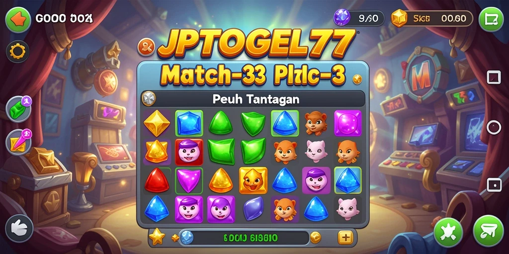 Tangkapan layar gameplay JPTOGEL77 yang menunjukkan kemeriahan permainan Match-3.