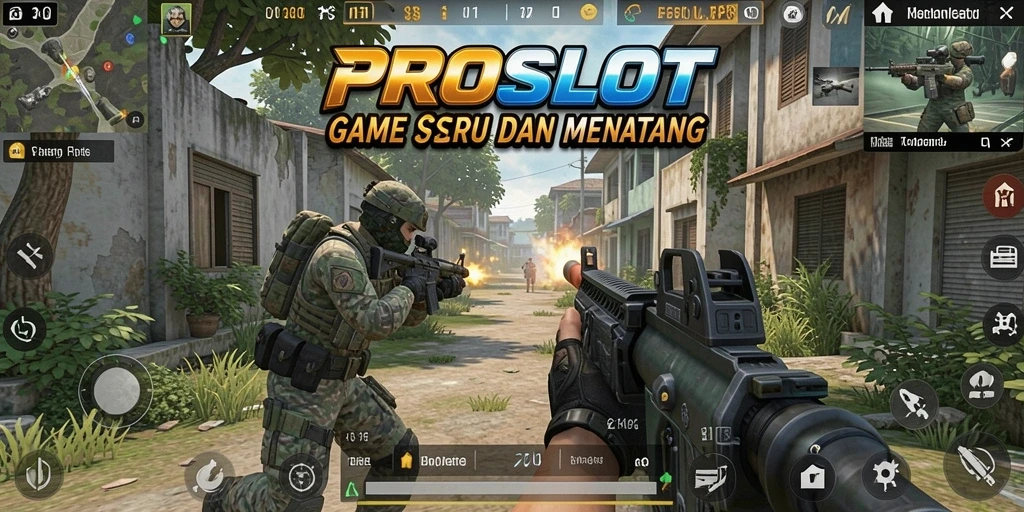 Screenshot PROSLOT menunjukkan aksi gameplay FPS yang intens.